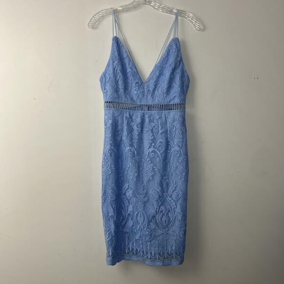 Pink Lily Embroidered Sheath Pencil Dress Medium Mesh Blue V Neck Strappy - Picture 1 of 14